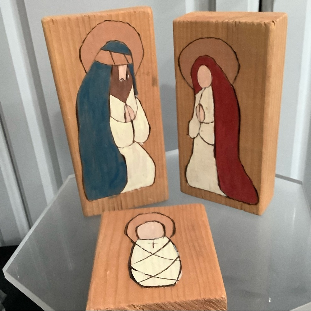 Handcrafted Wooden Nativity Set - Blue, Red, White Hand Painted 3pc
